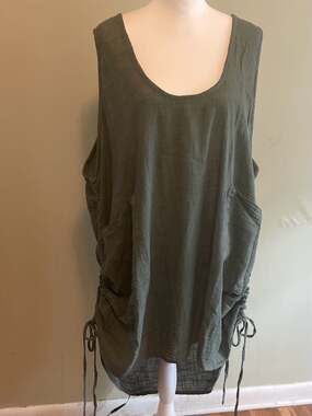 Lagenlook Sz.3X Cotton Linen Tunic Dress w/Slouchy Pockets, Adjusting Hem